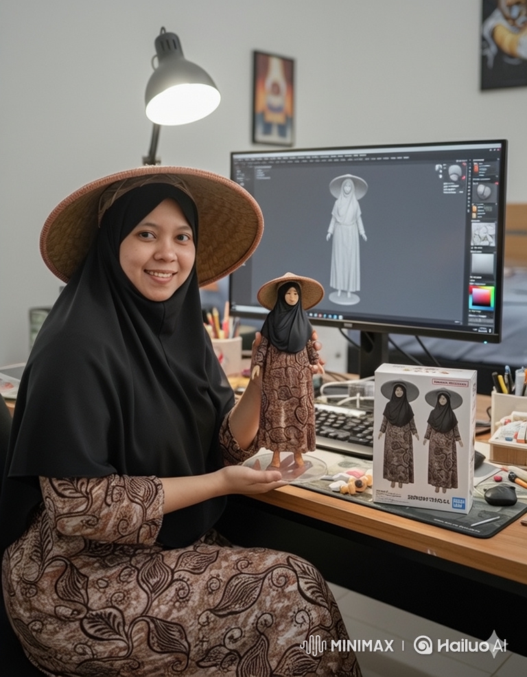 Woman Presents Self-Portrait Doll in Creative Workspace