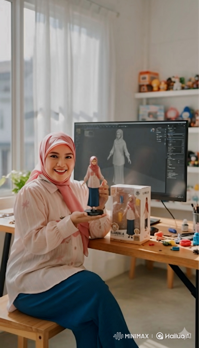 Woman Showcases Her Self-Portrait Figurine in Creative Studio