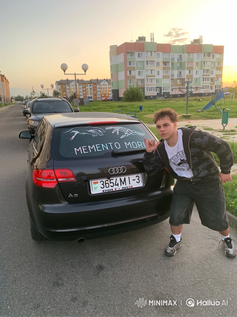 Young Man Dancing Casually by Car at Sunset