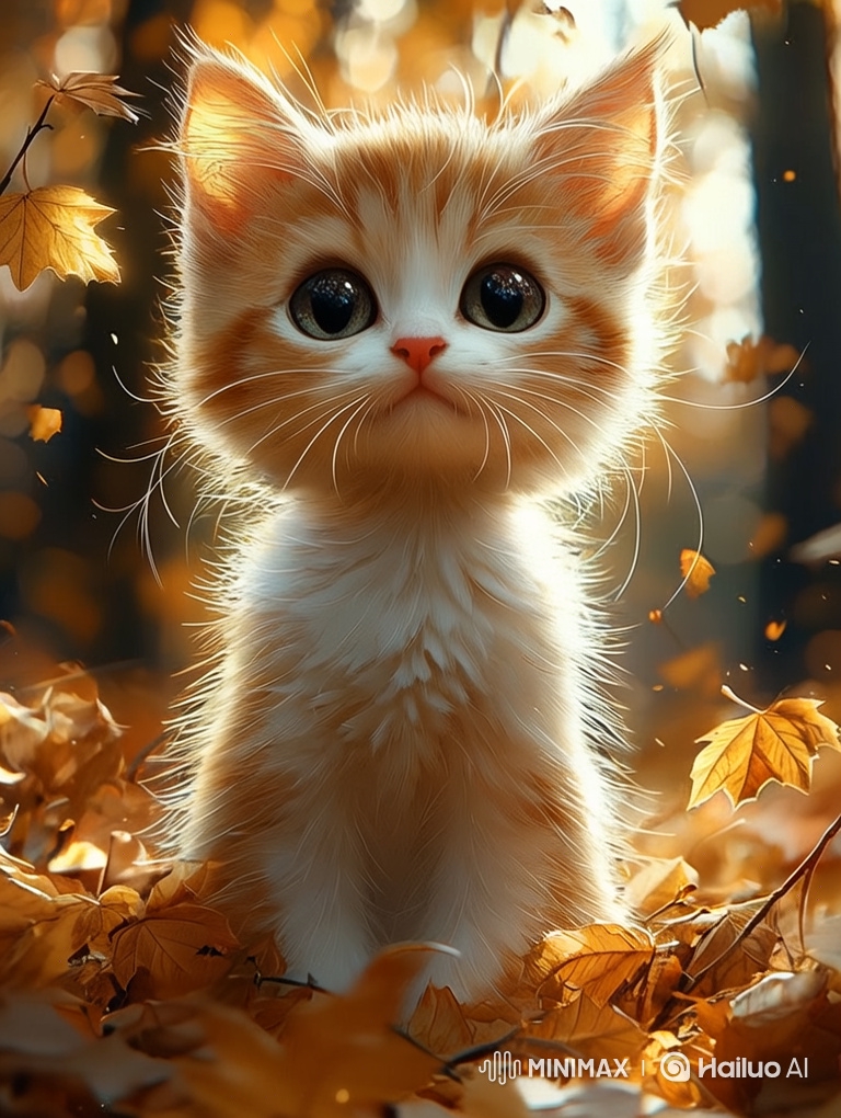 Autumn Bliss: Ginger Kitten in Golden Leaves - 8K Cinematic Delight