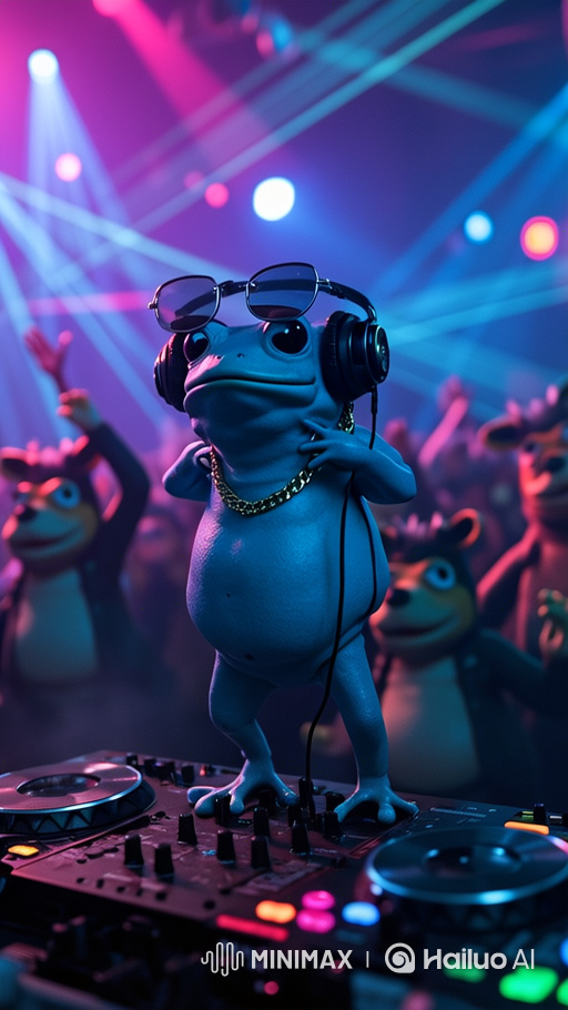 Chubby Blue Frog DJ in Vibrant Nightclub Scene