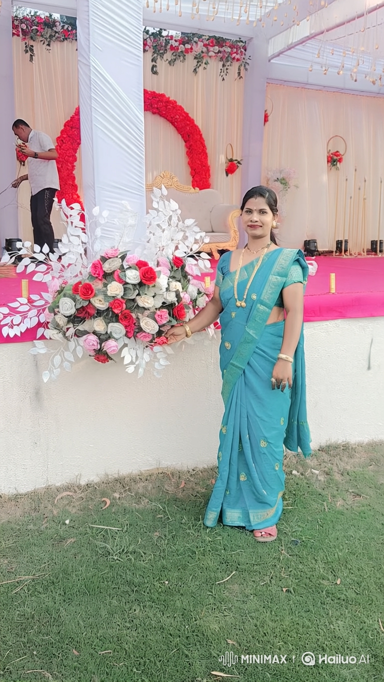 Woman in Teal Dress by Roses Amidst Event Decor