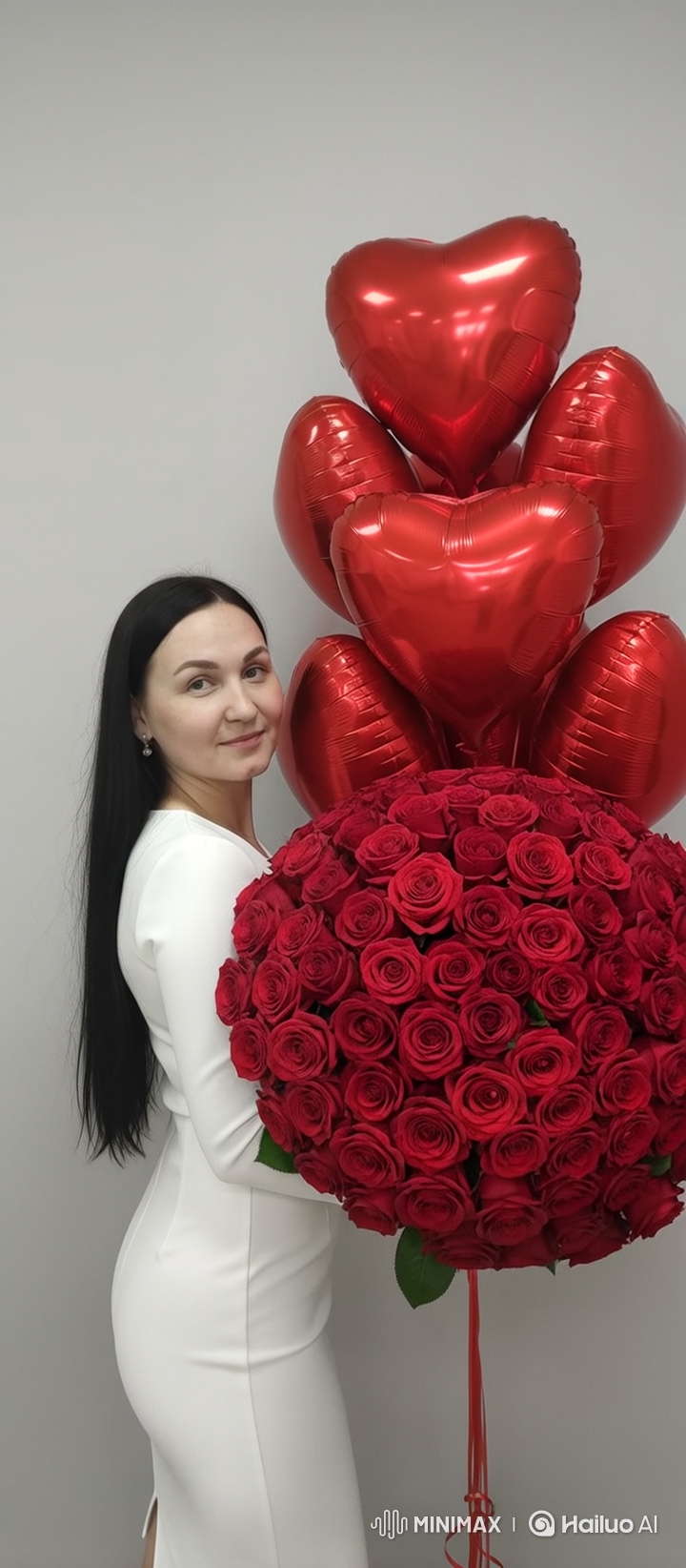 Woman in White Dress Sends Heartfelt Kiss with Roses
