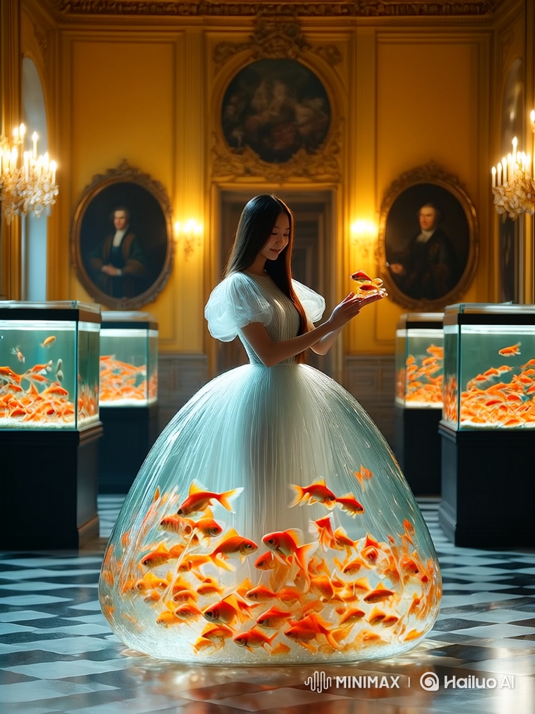 Young Woman in Ornate Hall with Goldfish Aquarium Dress