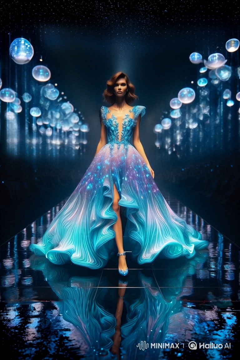 Ethereal Runway Show: Elegant Woman in Sparkling Galaxy Gown