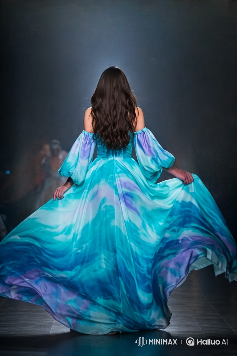 Elegant Woman in Ocean-Inspired Gown on Runway