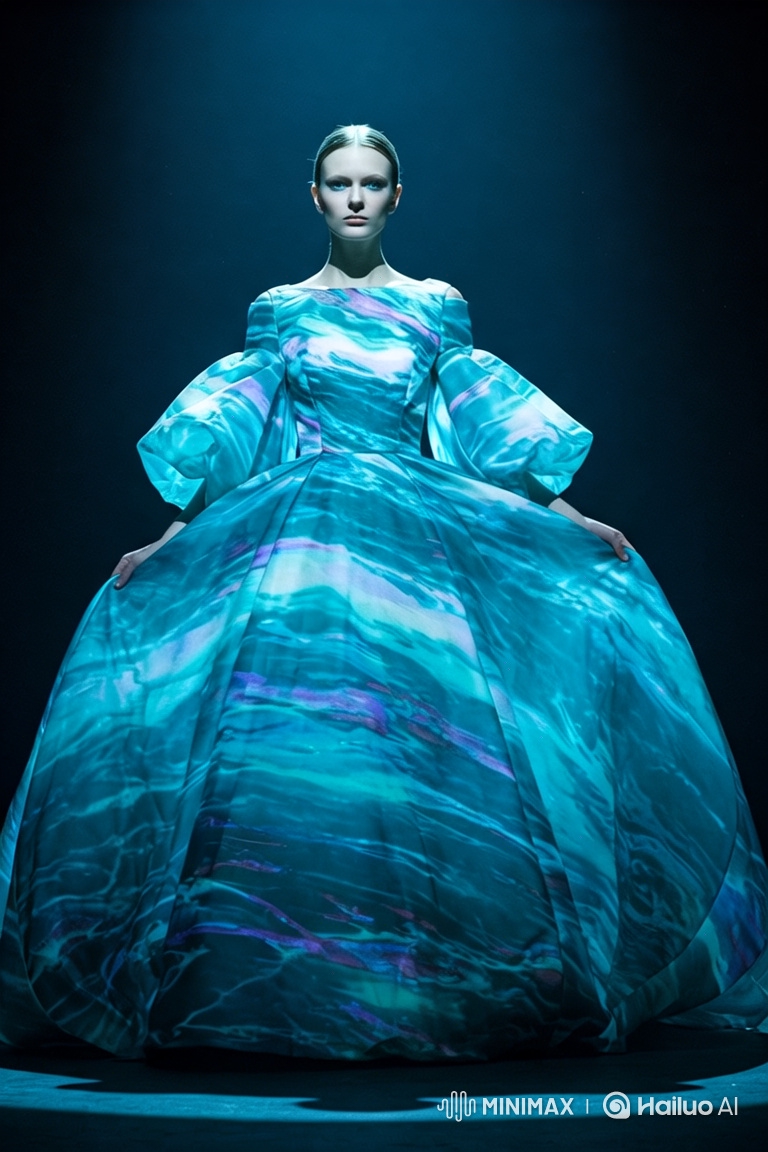 Runway Model Showcases Majestic Water-Inspired Ball Gown