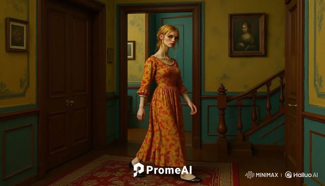 Young Woman in Floral Dress Enters Staircase Scene