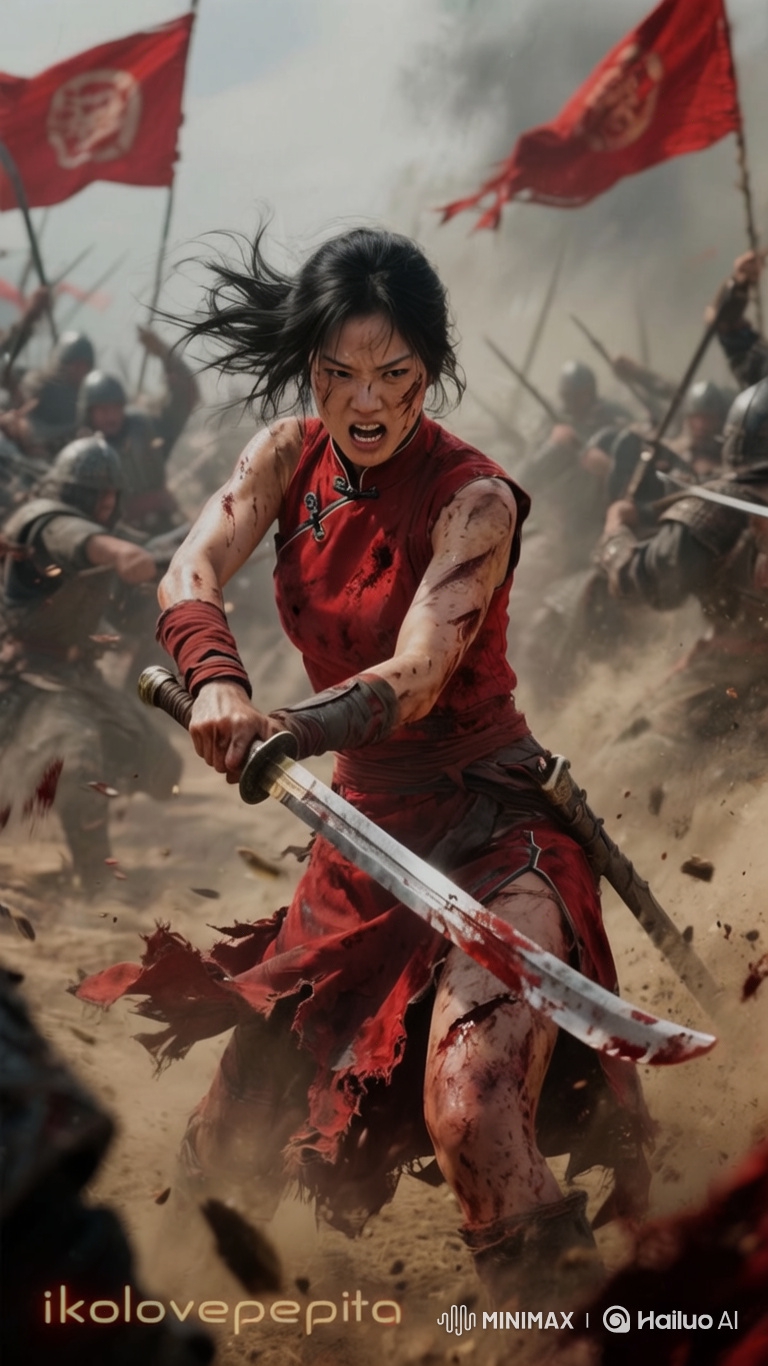 Fierce Warrior Struggles Amidst War-torn Chaos