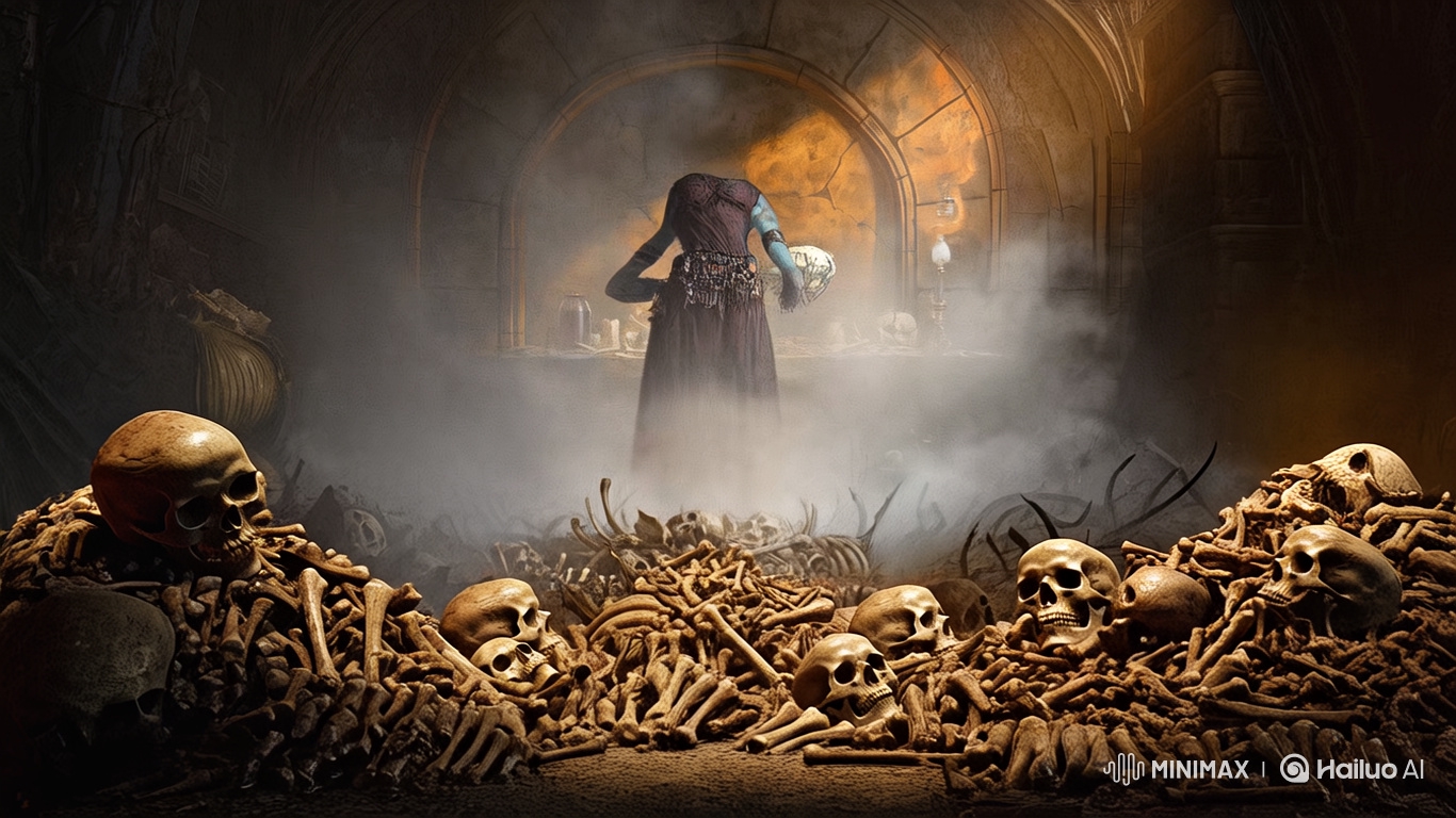 Ghast in Dungeon Tends to Skull Amidst Bones