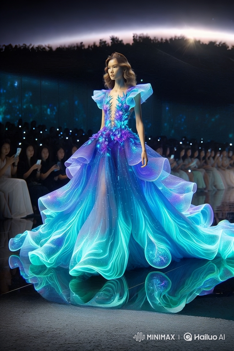Model in Bioluminescent Ball Gown on Reflective Runway