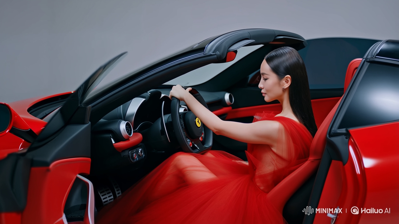 Glamorous Woman in Red Ferrari with High-Fashion Dress