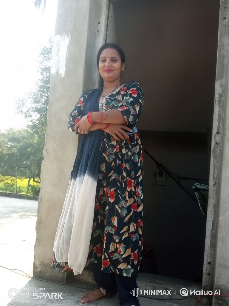 Woman in Floral Salwar Kameez, Yard Panorama, Young Girl in Focus