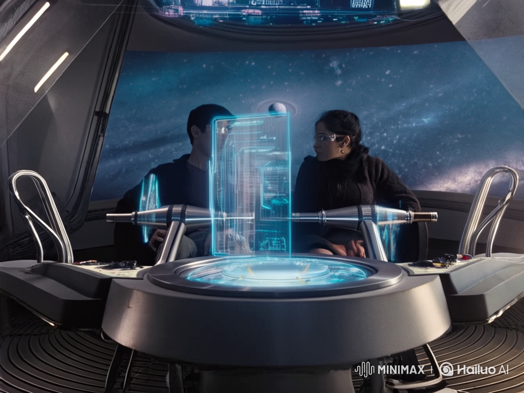 Modern Spaceship Pilots in Futuristic Cockpit with Cool Lighting