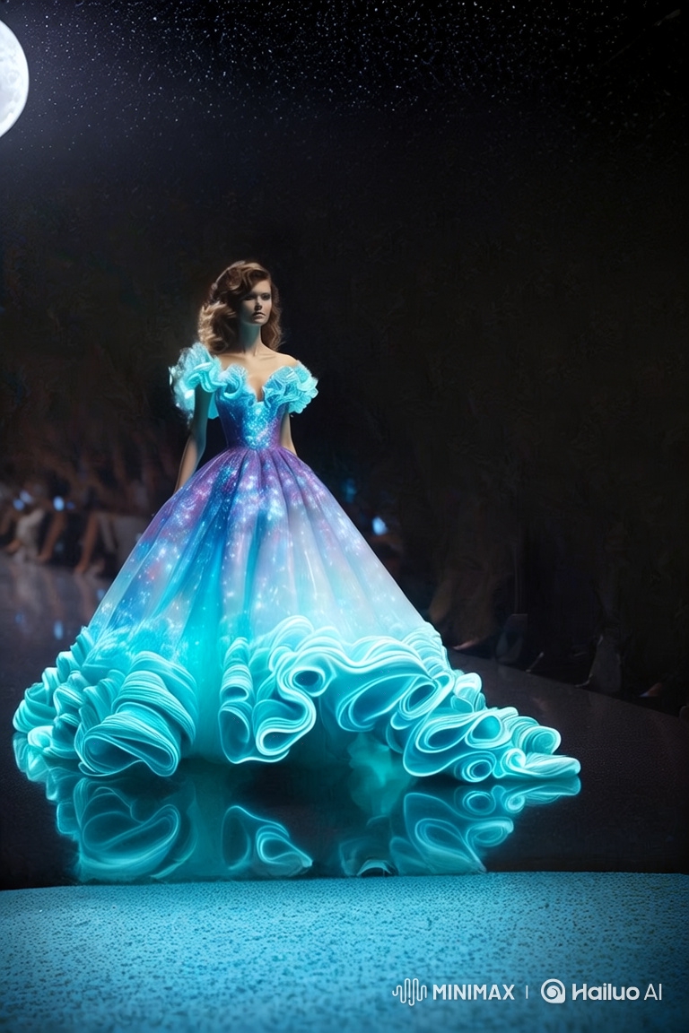 Woman in Galaxy-Inspired Ball Gown on Luminous Runway