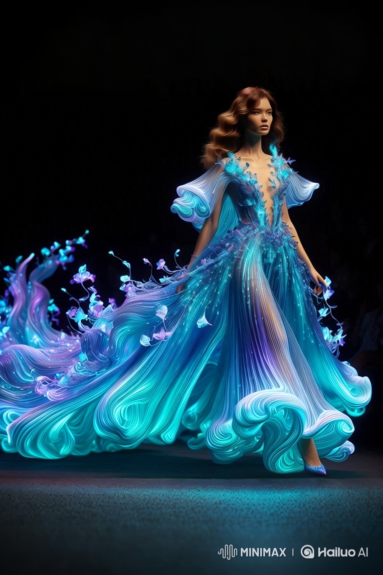 Model Walks in Radiant, Winged Gown on Dark Runway