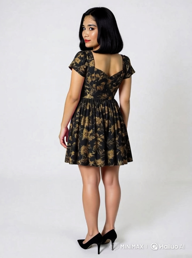 Chic Bob-Haired Woman in A-Line Dress with Playful Hair Swing