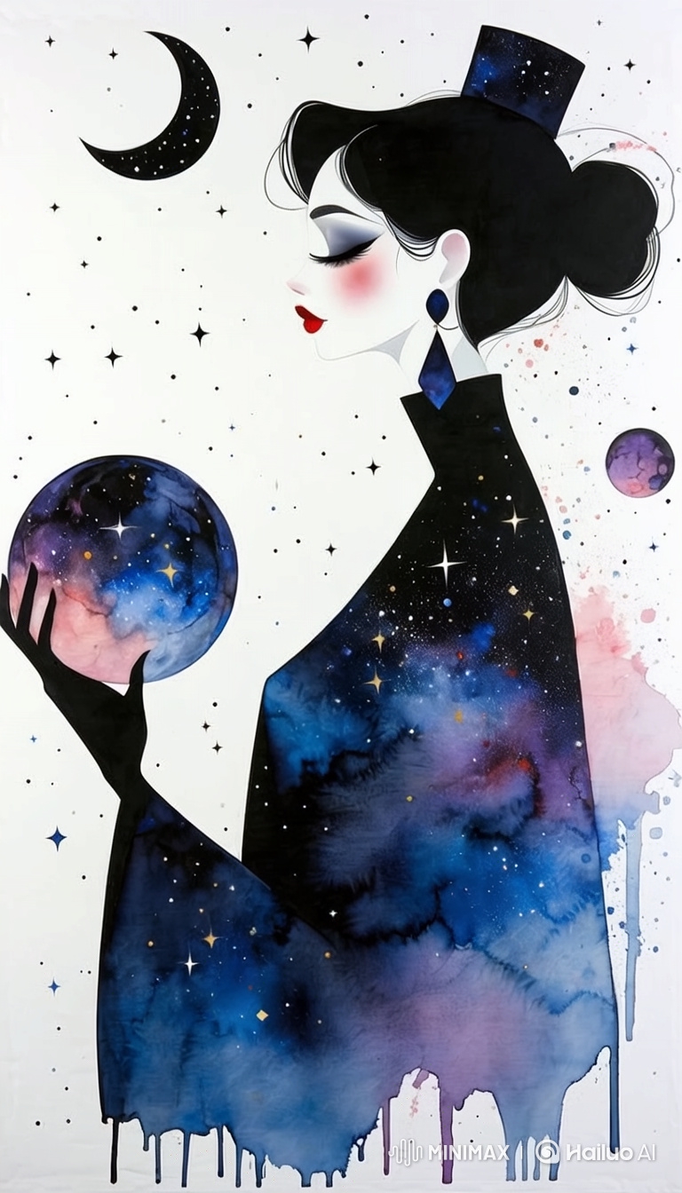 Woman in Galaxy Dress with Cosmic Sphere in Cosmic Scene
