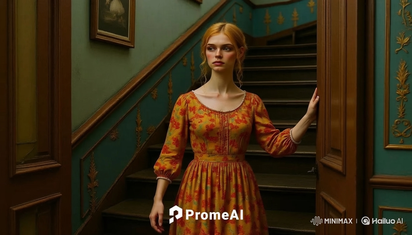 Young Woman Descends Staircase in Vintage Dress