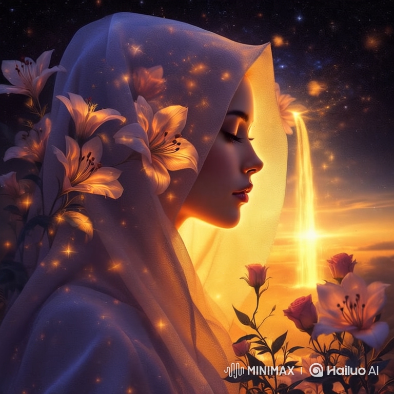 Enchanted Woman Amid Celestial Beauty and Blossoming Roses