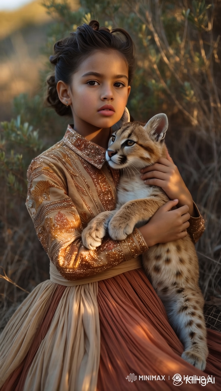 Golden Hour Portrait: Girl and Cougar Cub