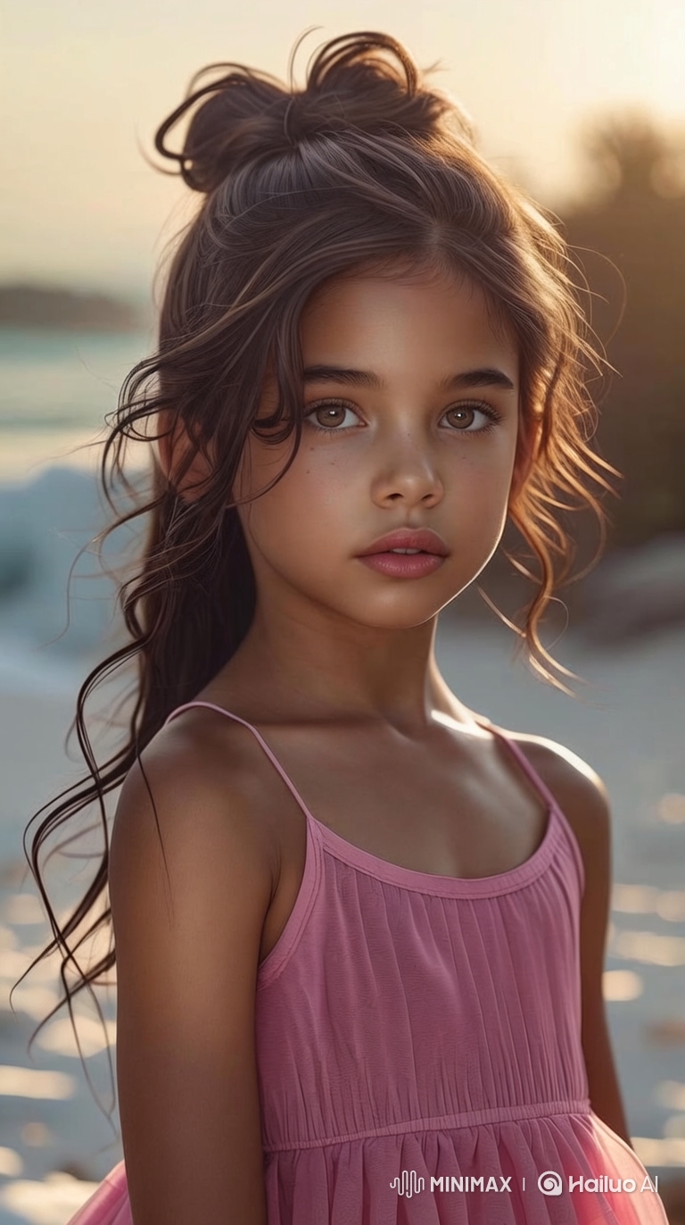 Girl Grows to Woman on Golden Beach Over Time