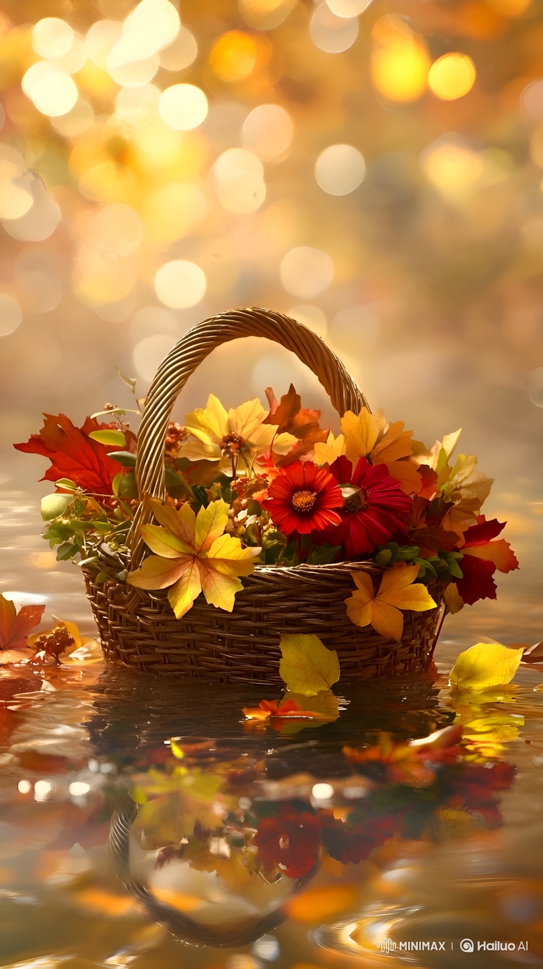 Autumn Serenity: Golden Lake Reflects Floating Basket