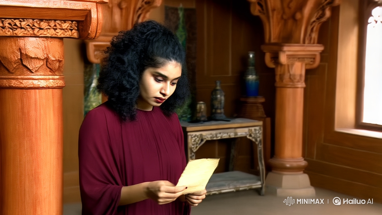 Woman in Maroon Dress Contemplates Parchment in Rustic Elegance