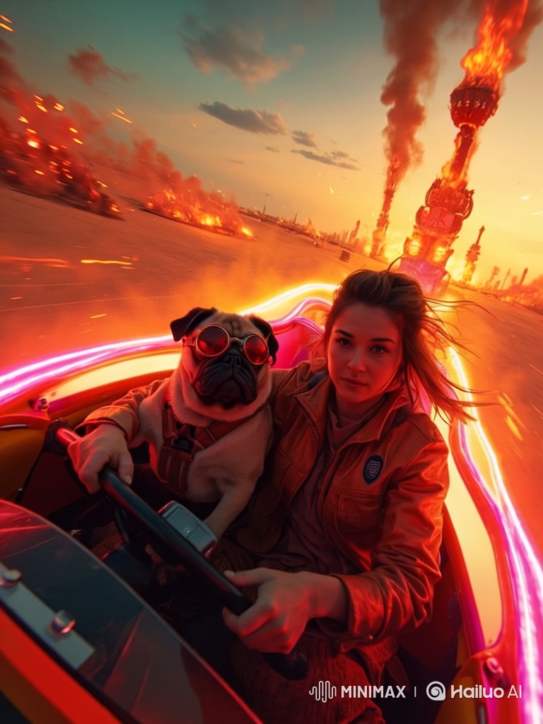 Futuristic Woman and Pug Race Through Fiery Wasteland