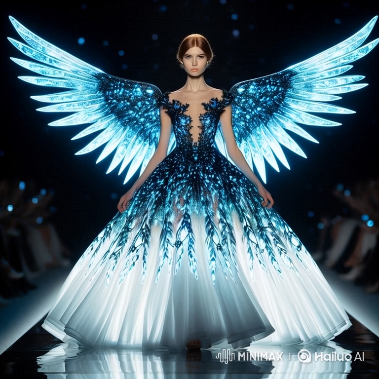 Woman in Glowing Gown with Wings Walks Down Catwalk