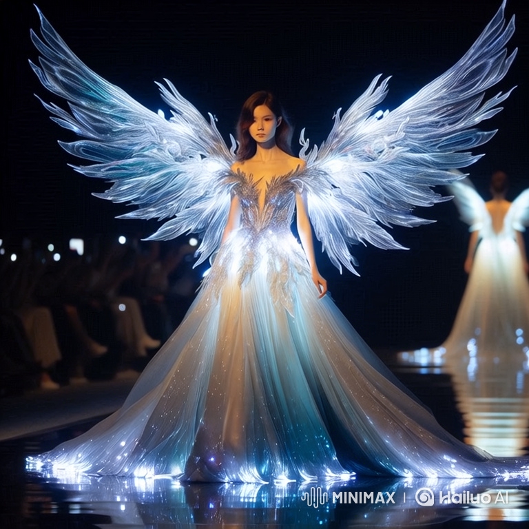 Runway Show: Angelic Model in Glowing Gown with Wings