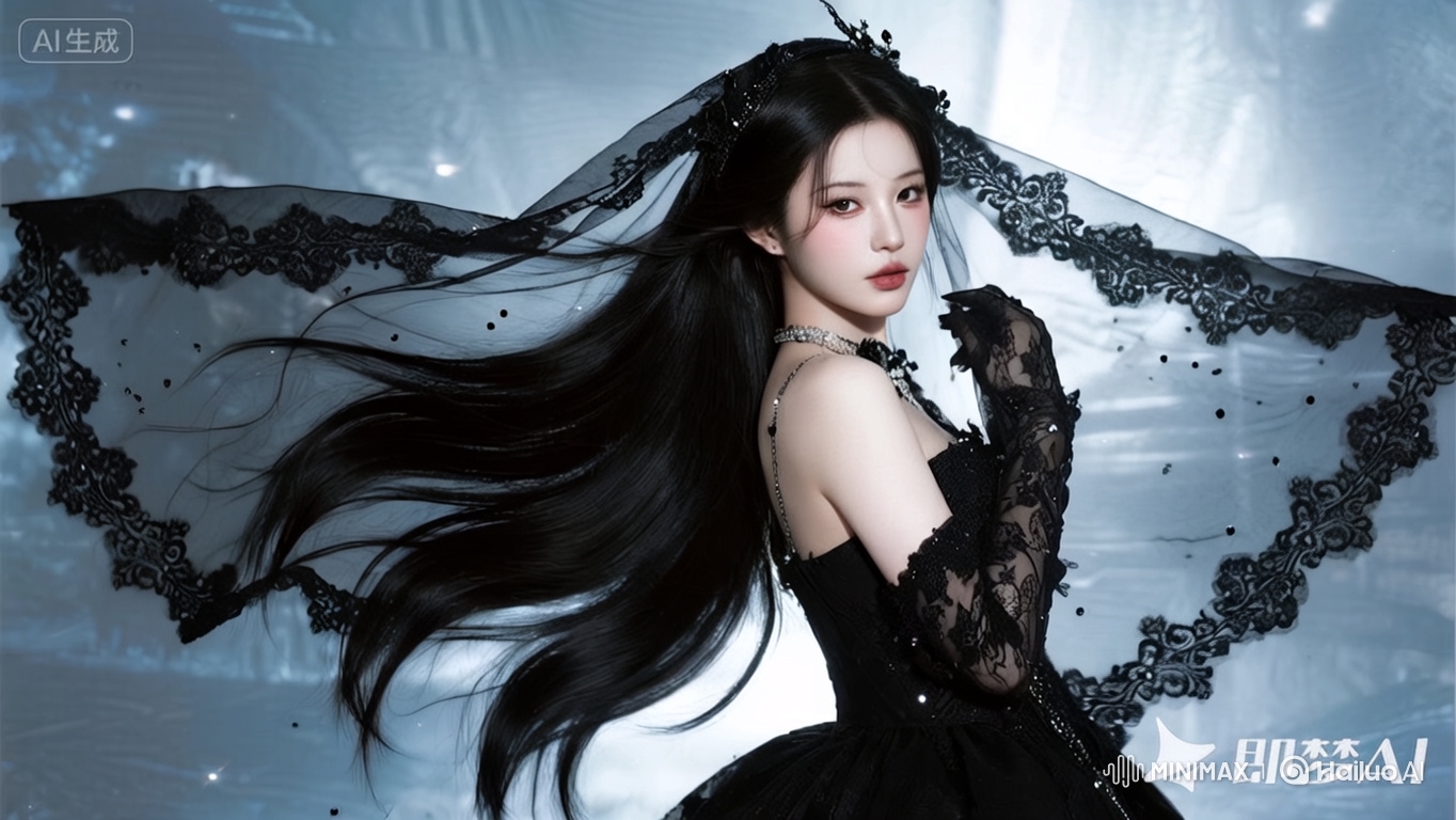 Ethereal Woman in Black Gown with Graceful Turn