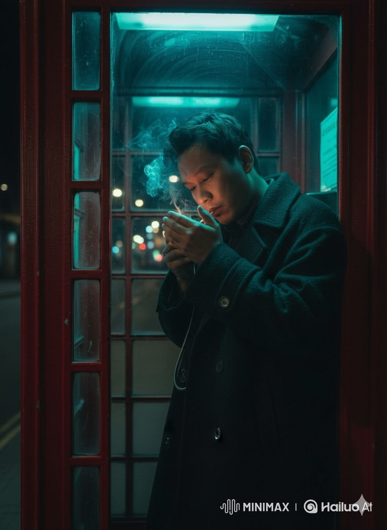 Neon-Lit Night: Man in Phone Booth with Cigarette