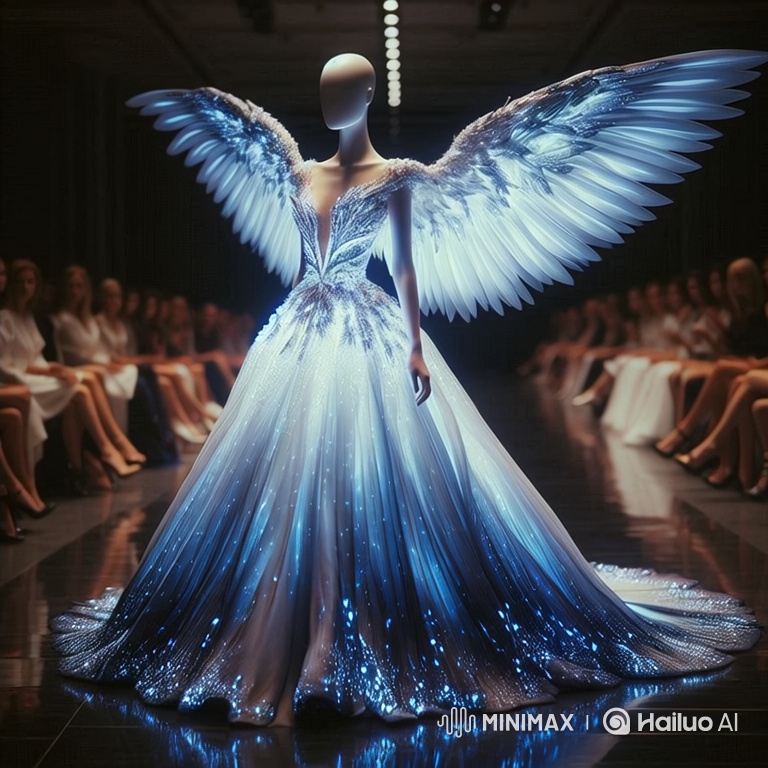 Model in Glowing Angel Wings Gown on Reflective Runway