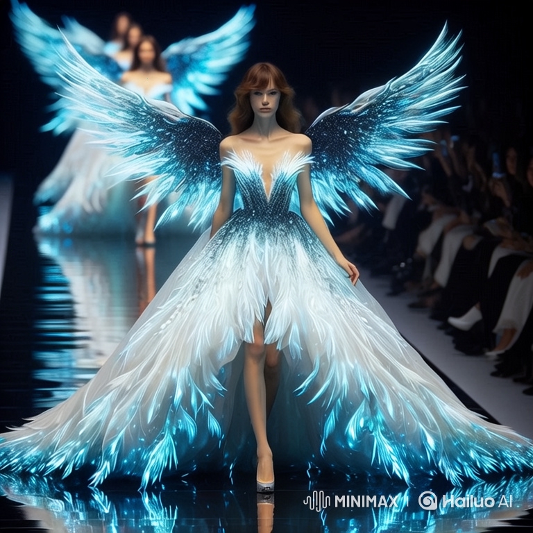 Runway Show: Model with Glowing Feathered Gown