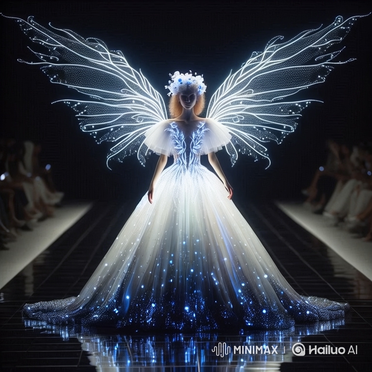 Angelic Model Struts in Luminous Gown on Reflective Runway