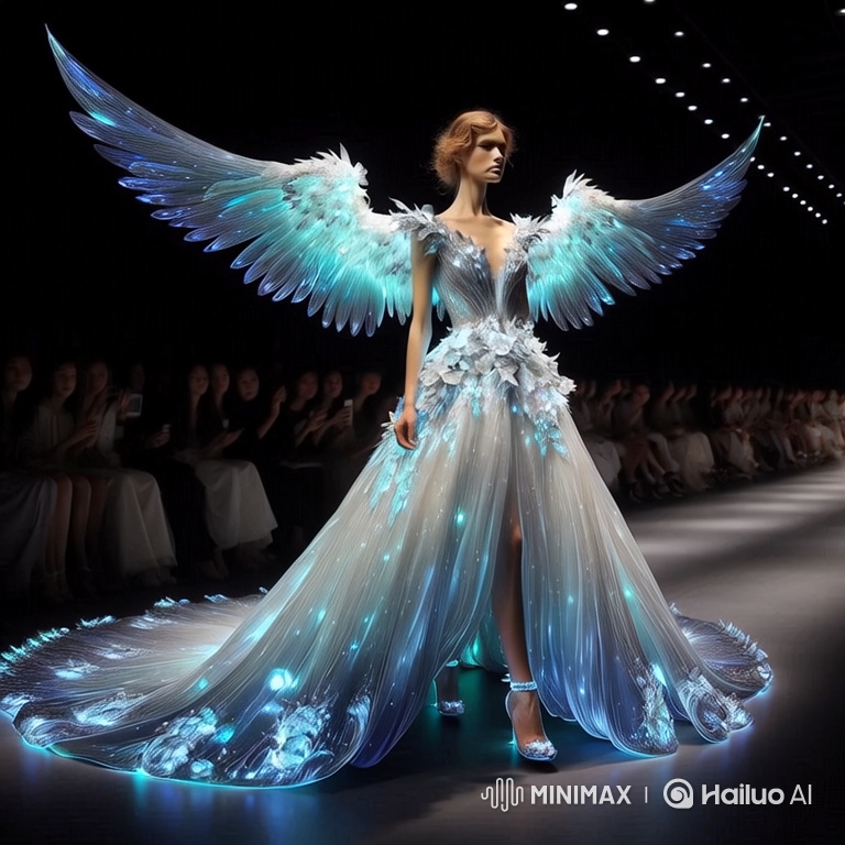 Enchanted Runway: Model with Luminous Wings and Gown