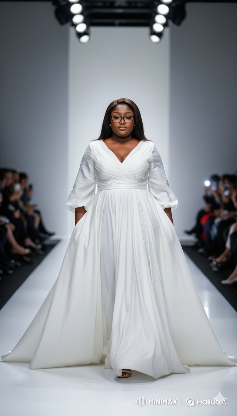 Plus-Size Black Woman Strides Confidently in Elegant White Gown