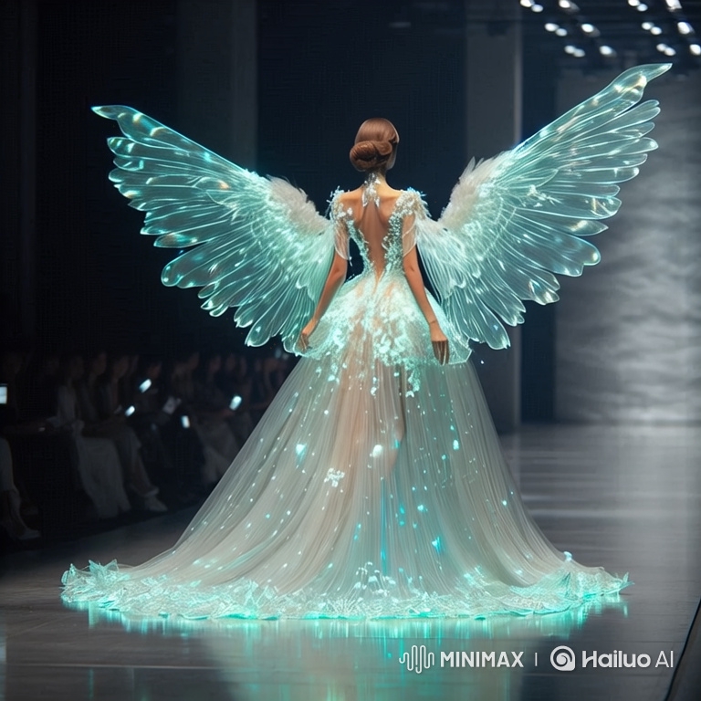 Runway Model Showcases Ethereal Gown with Glowing Wings