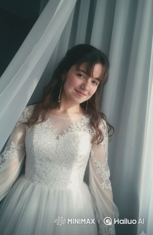 Radiant Woman in White Gown by Window
