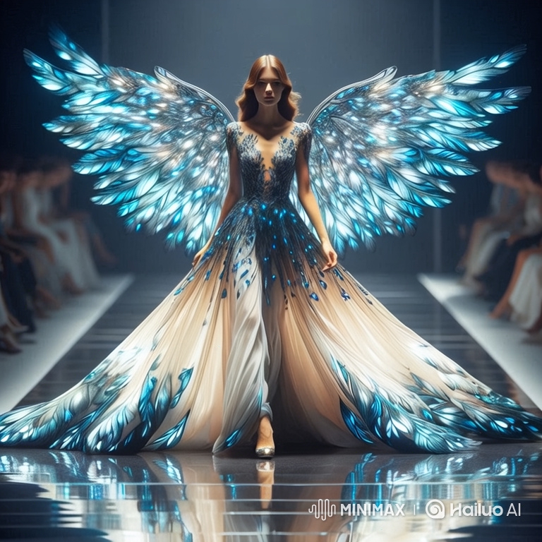 Angelic Runway Walk: Woman in Feathered Gown and Wings