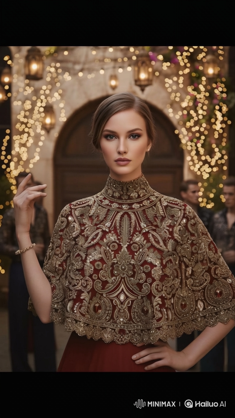 Elegant Woman in Red Gown Walks Through Festive Courtyard