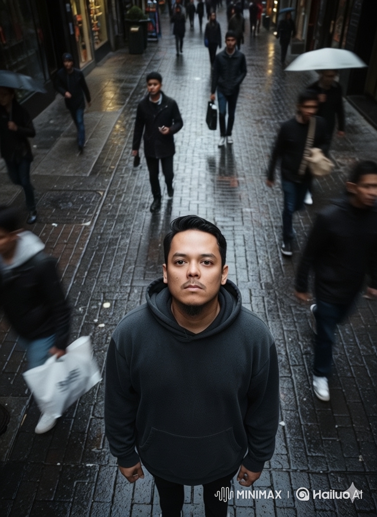 Man Stands Still Amidst Rushing City Crowd