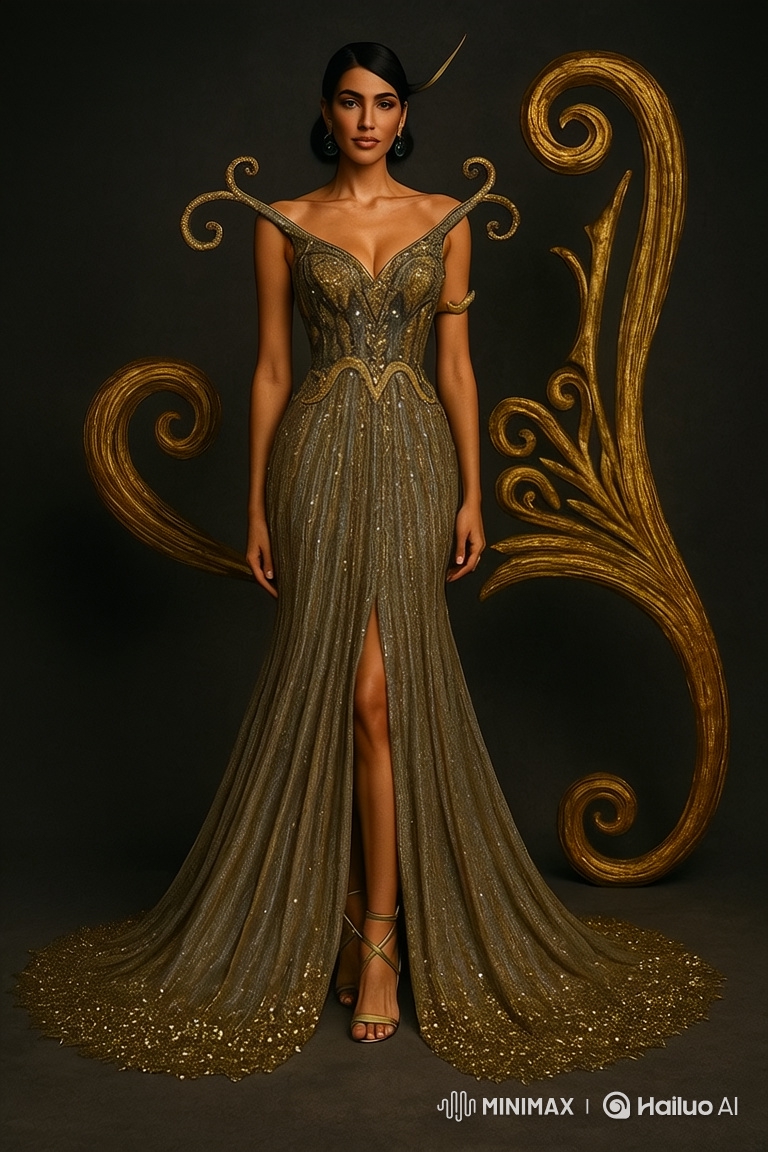 Elegant Woman in Ornate Gold Gown Showcases Graceful Pose