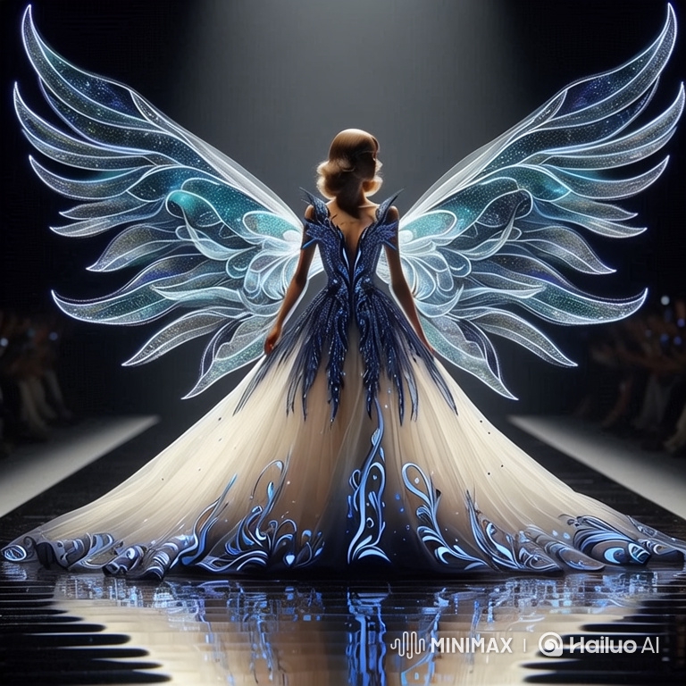 Ethereal Walk: Woman in Ball Gown with Glowing Wings
