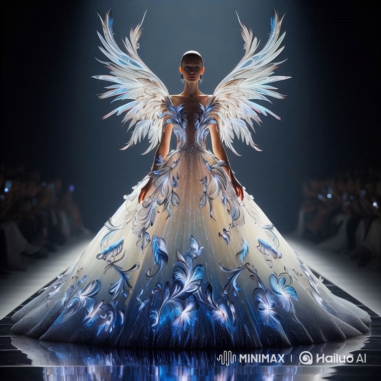 Model Walks Down Runway in Sparkling Feather Gown