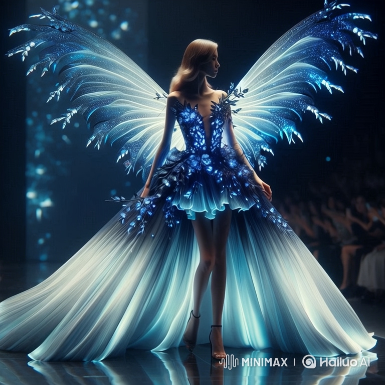 Runway Model Showcases Ethereal Gown with Luminous Wings