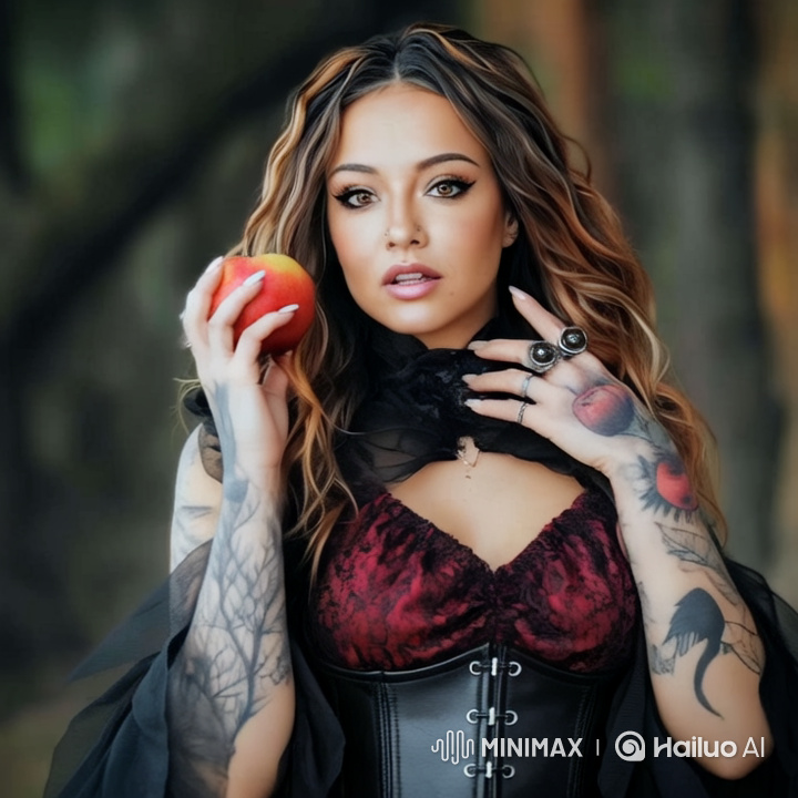 Artistic Portrait: Woman with Apple and Intricate Tattoos