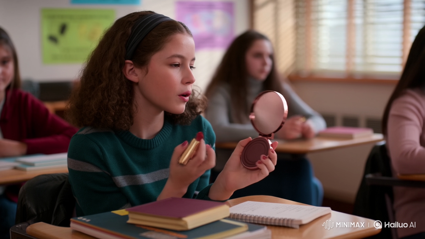High School Girl Applies Makeup in Class