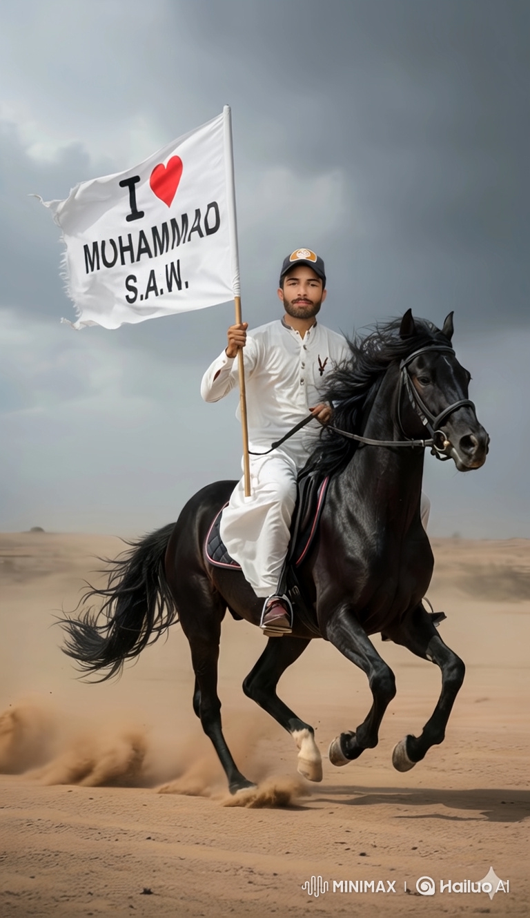 South Asian Man Rides Horse in Desert with Flag